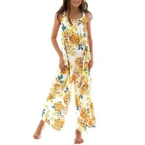 Girls Floral Backless Wide Leg Boho Overalls Jumpsuit Sz 13-14 Years